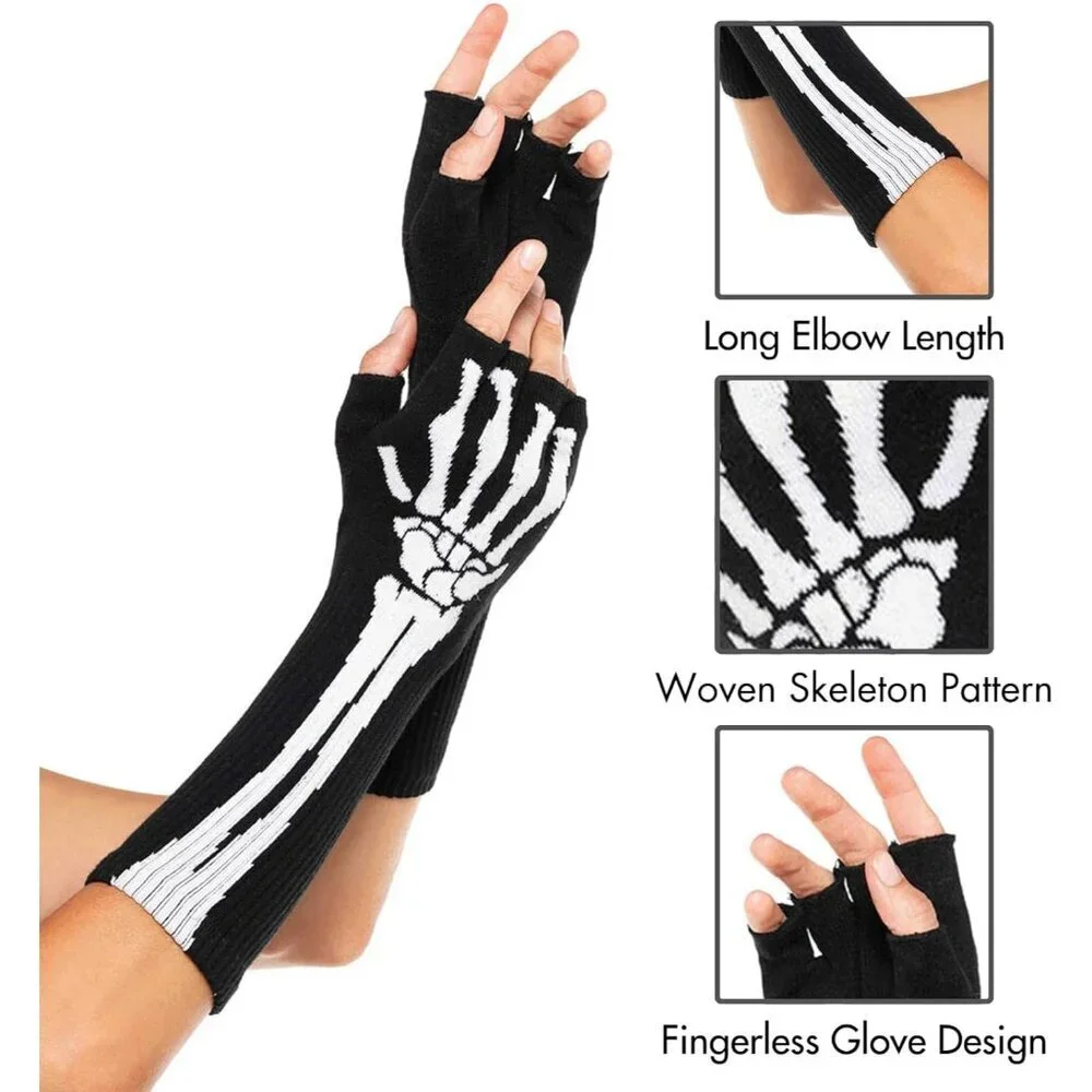 Women's Skeleton Fingerless Gloves Woven Pattern Elbow Length Costume Accessory